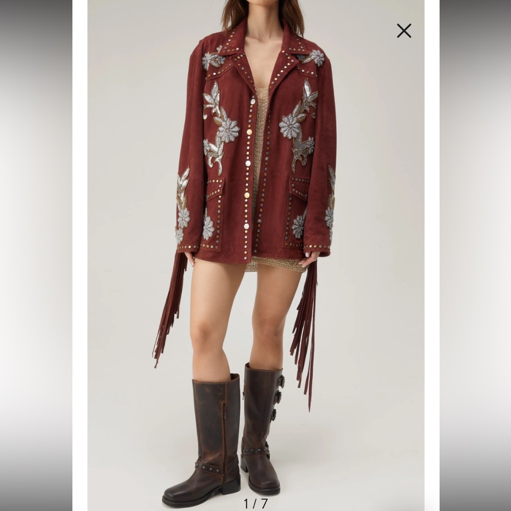 Dark red suede fringe western jacket